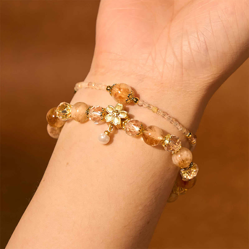 Stone of buddha Natural Citrine Glass Beads Flower Multiple Layers Prosperity Bracelet