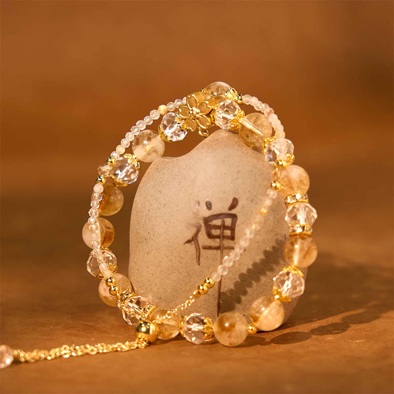 Stone of buddha Natural Citrine Glass Beads Flower Multiple Layers Prosperity Bracelet