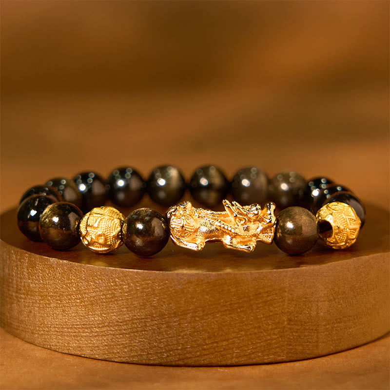 Stone of buddha Natural Gold Sheen Obsidian PiXiu Om Mani Padme Hum Wealth Bracelet