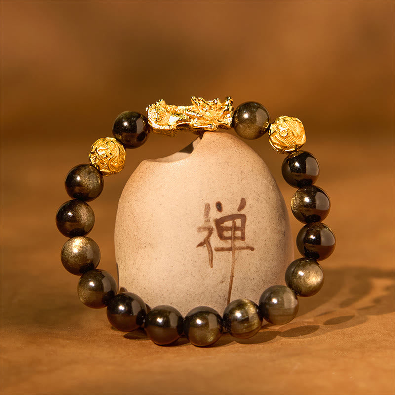 Stone of buddha Natural Gold Sheen Obsidian PiXiu Om Mani Padme Hum Wealth Bracelet