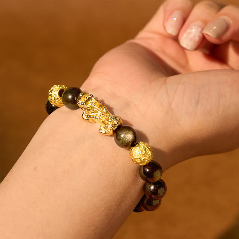 Stone of buddha Natural Gold Sheen Obsidian PiXiu Om Mani Padme Hum Wealth Bracelet