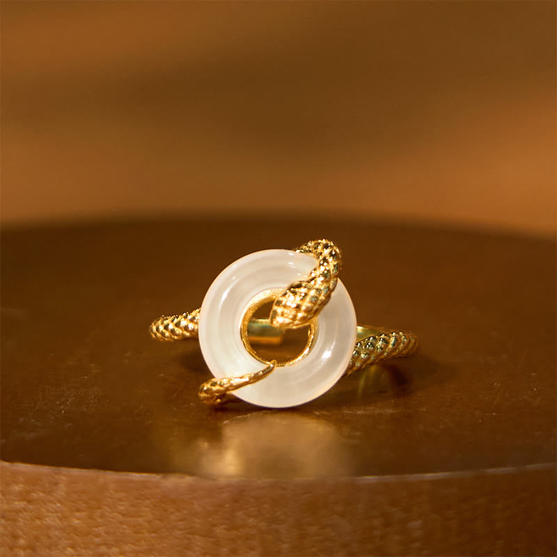 Stone of buddha Chalcedony Peace Buckle 925 Sterling Silver Golden Year Of The Snake Harmony  Ring