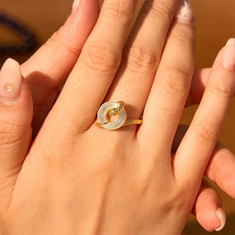 Stone of buddha Chalcedony Peace Buckle 925 Sterling Silver Golden Year Of The Snake Harmony  Ring