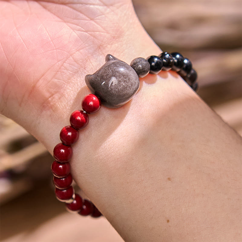 Stone of buddha Black Obsidian Cinnabar Silver Sheen Obsidian Cat Fulfilment Bracelet