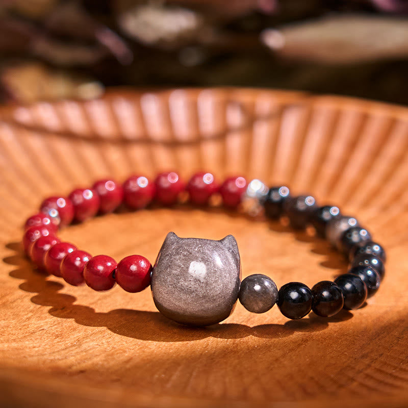 Stone of buddha Black Obsidian Cinnabar Silver Sheen Obsidian Cat Fulfilment Bracelet