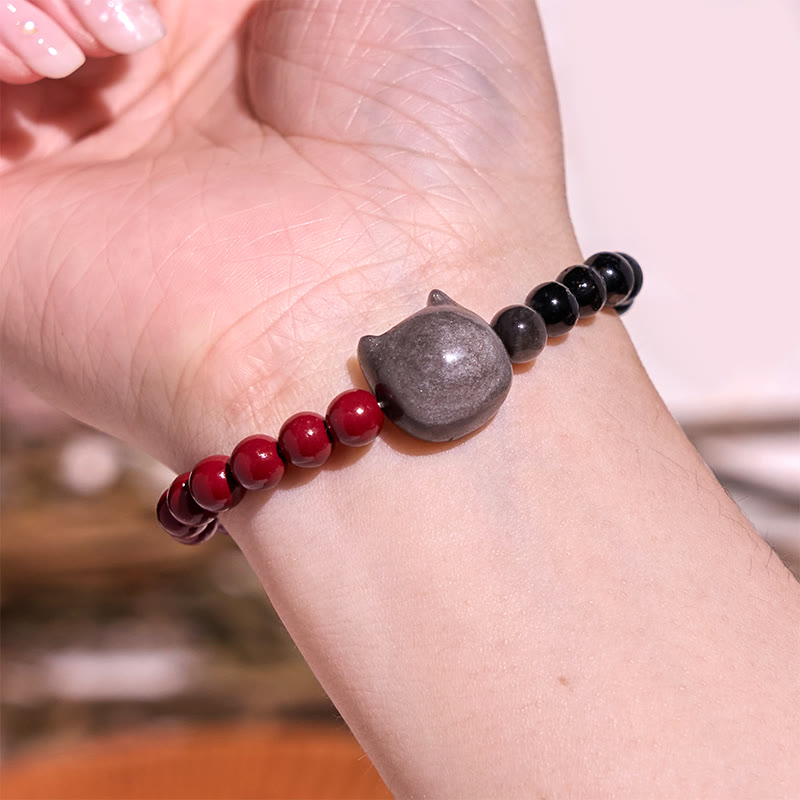 Stone of buddha Black Obsidian Cinnabar Silver Sheen Obsidian Cat Fulfilment Bracelet