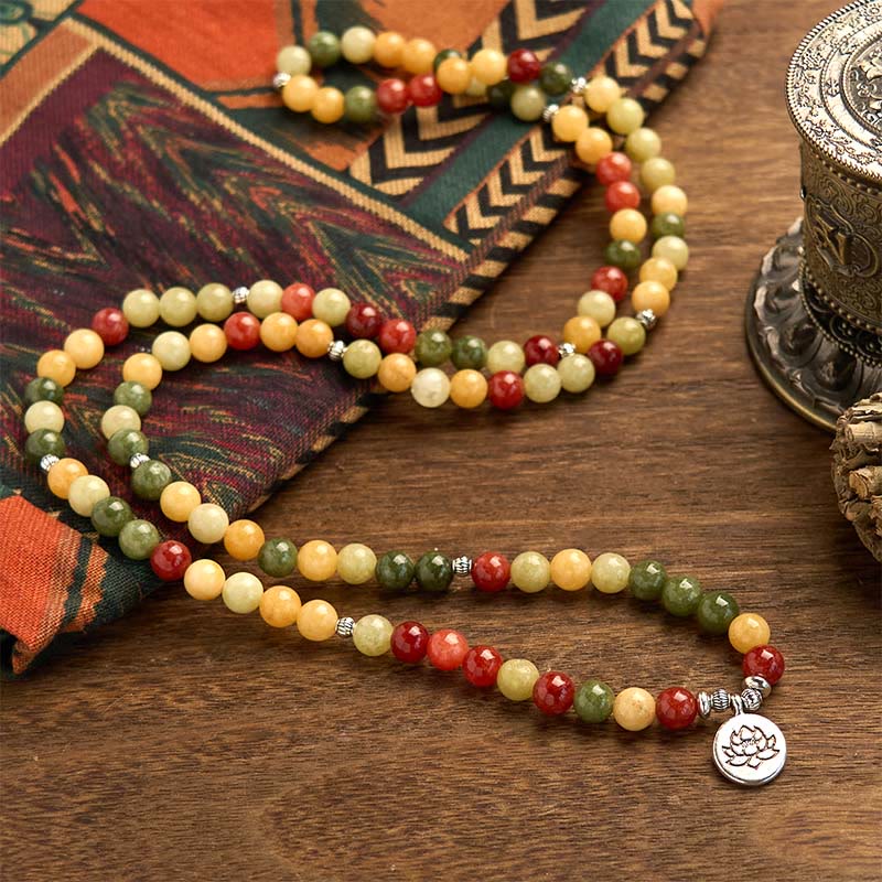 Stone of buddha 108 Mala Beads Natural Colored Stone Topaz Red Jasper Green Jasper Lotus Protection Bracelet