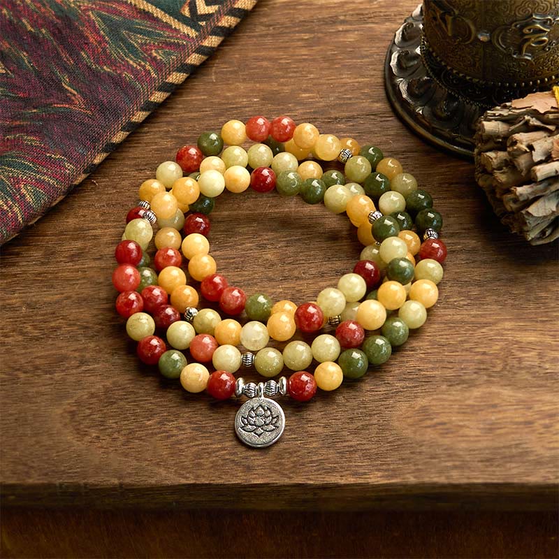 Stone of buddha 108 Mala Beads Natural Colored Stone Topaz Red Jasper Green Jasper Lotus Protection Bracelet