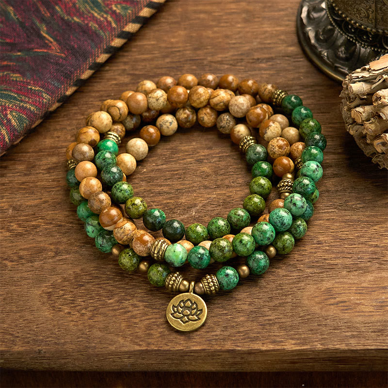 Stone of buddha 108 Mala Beads Natural Stone Picture Jasper Turquoise Lotus Positive Bracelet