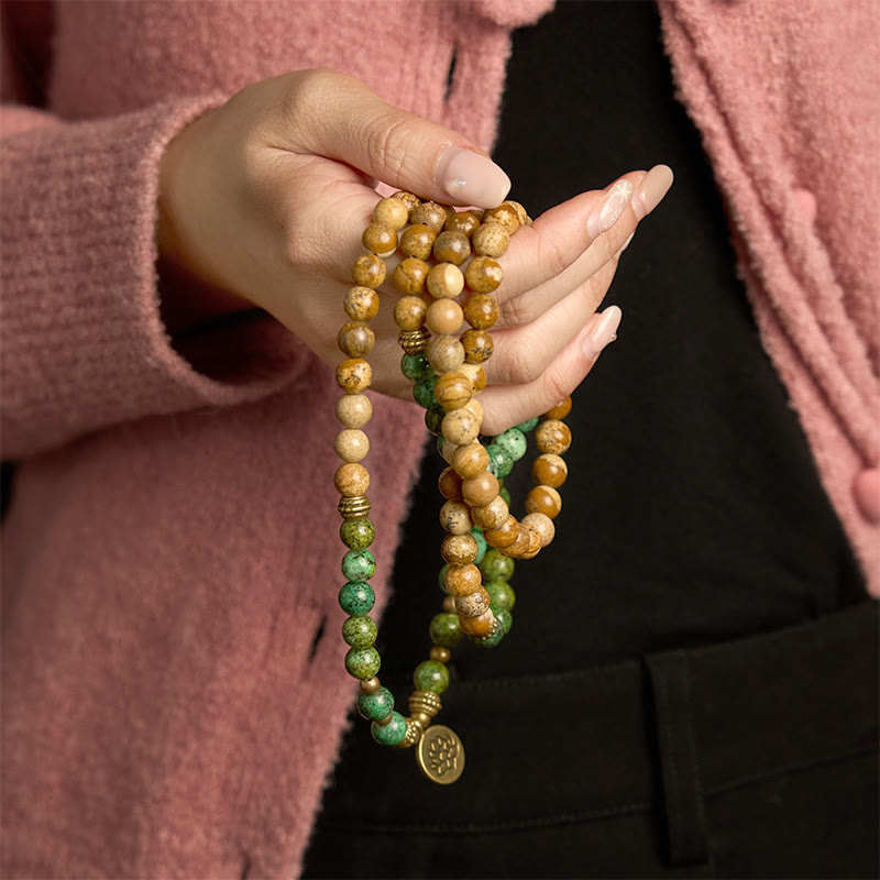Stone of buddha 108 Mala Beads Natural Stone Picture Jasper Turquoise Lotus Positive Bracelet