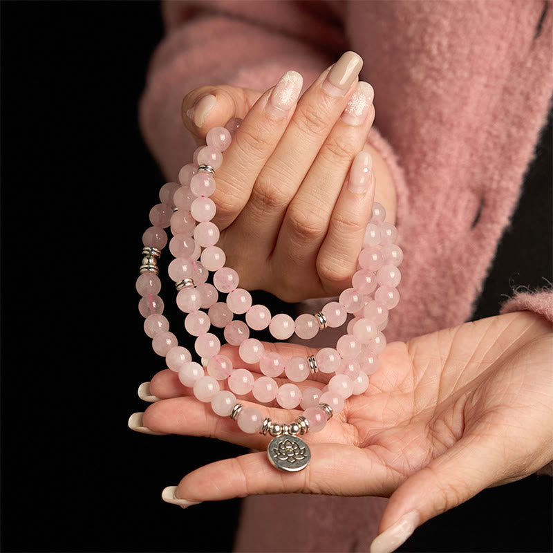 Stone of buddha 108 Mala Beads Natural Stone Rose Quartz Lotus Peace Bracelet