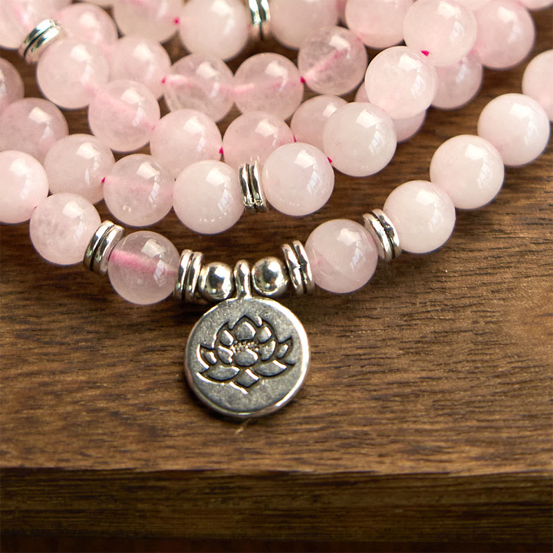 Stone of buddha 108 Mala Beads Natural Stone Rose Quartz Lotus Peace Bracelet