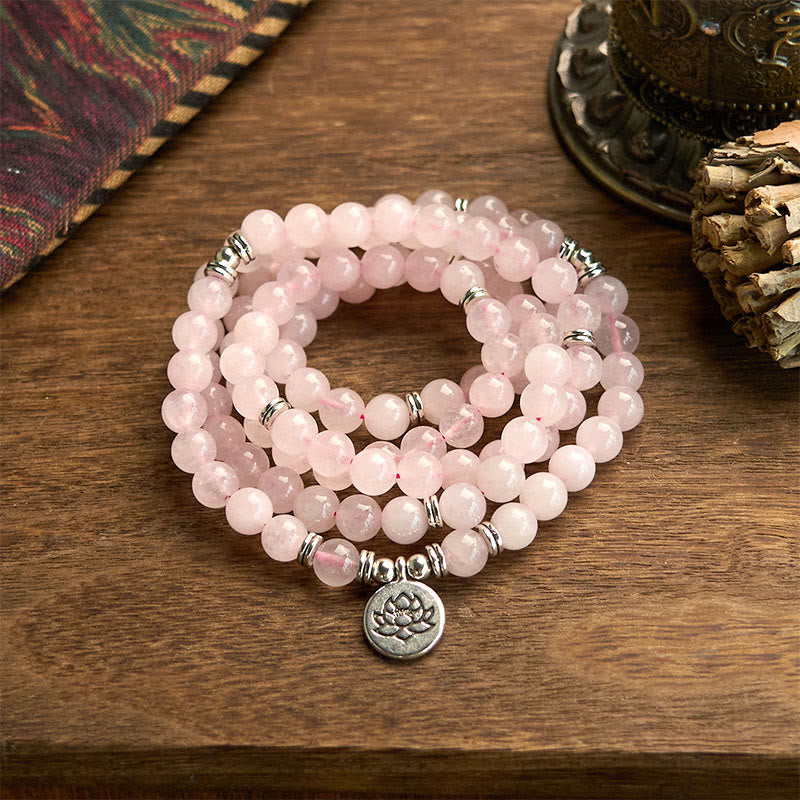 Stone of buddha 108 Mala Beads Natural Stone Rose Quartz Lotus Peace Bracelet