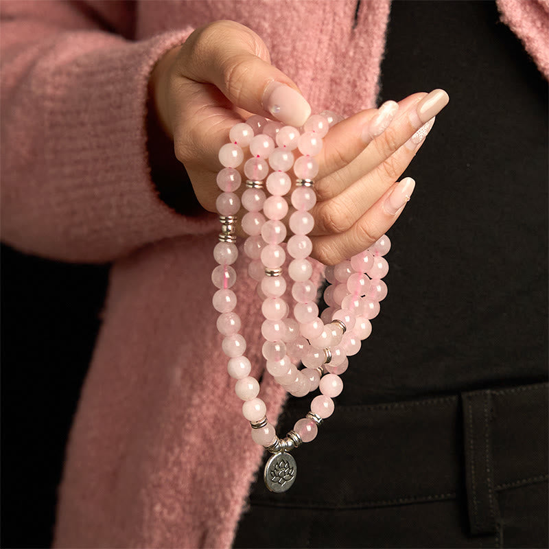 Stone of buddha 108 Mala Beads Natural Stone Rose Quartz Lotus Peace Bracelet