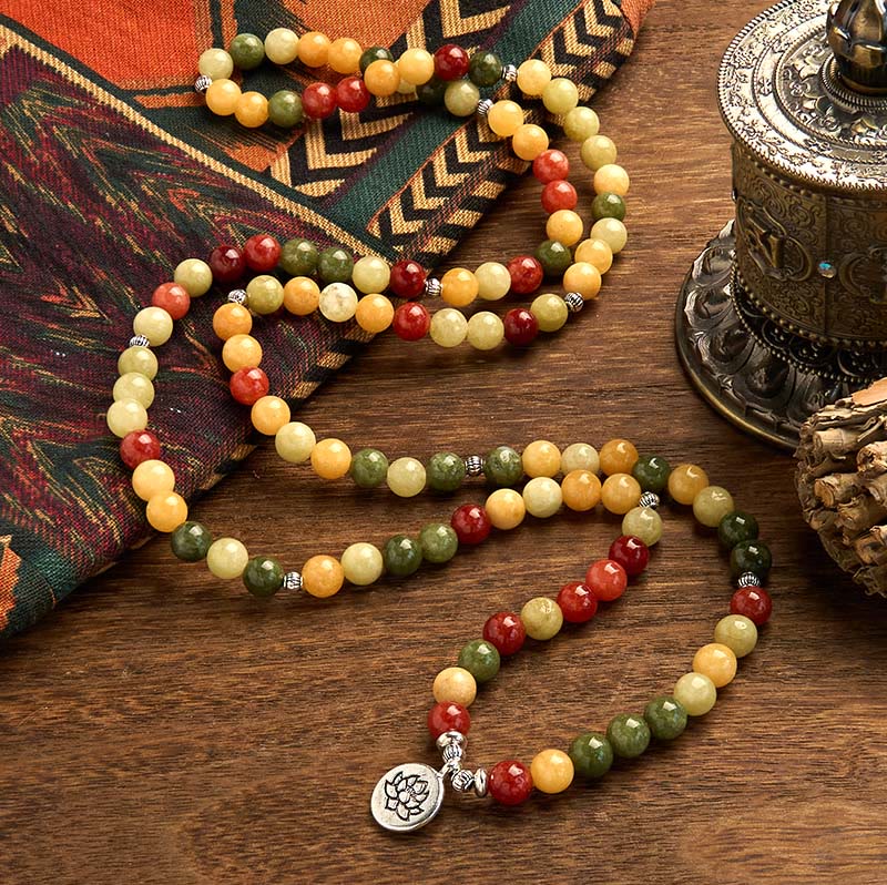 Stone of buddha 108 Mala Beads Natural Colored Stone Topaz Red Jasper Green Jasper Lotus Protection Bracelet