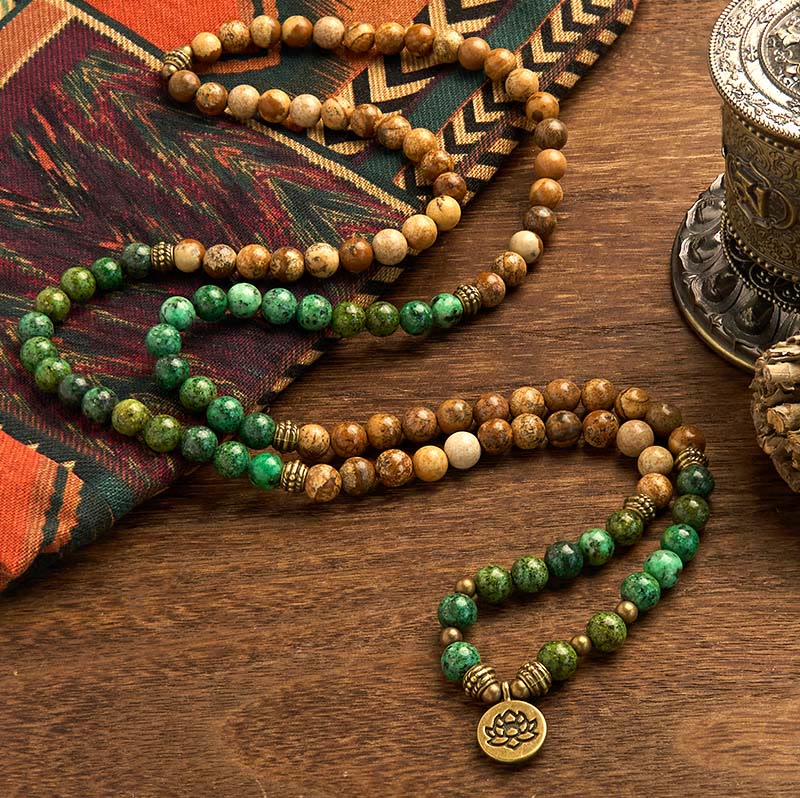 Stone of buddha 108 Mala Beads Natural Stone Picture Jasper Turquoise Lotus Positive Bracelet