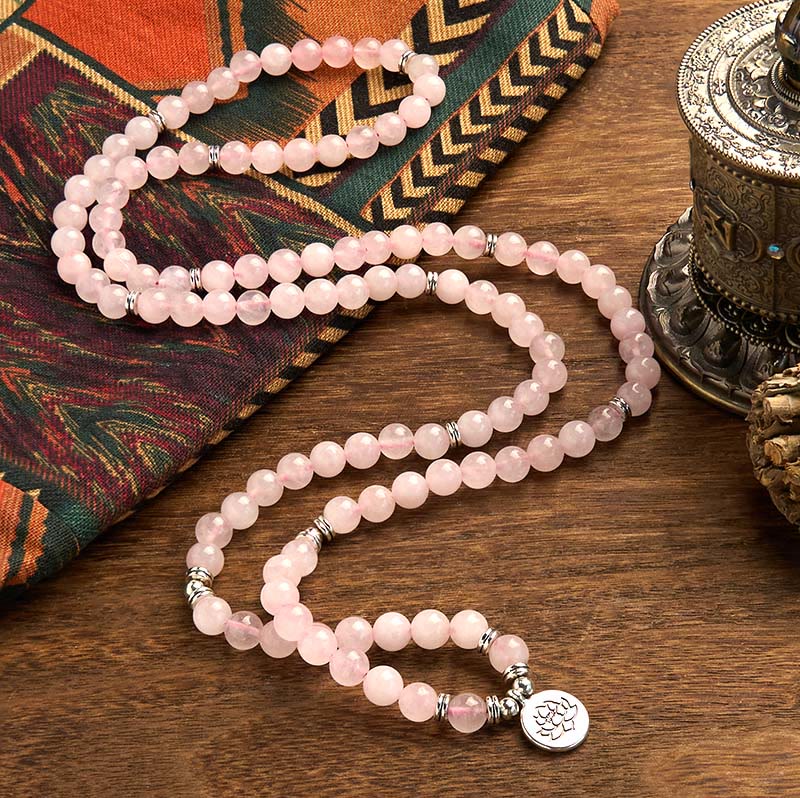 Stone of buddha 108 Mala Beads Natural Stone Rose Quartz Lotus Peace Bracelet