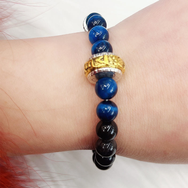 Stone of buddha Silver Sheen Obsidian Blue Tiger Eye Om Mani Padme Hum Protection Bracelet