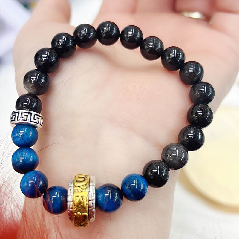 Stone of buddha Silver Sheen Obsidian Blue Tiger Eye Om Mani Padme Hum Protection Bracelet