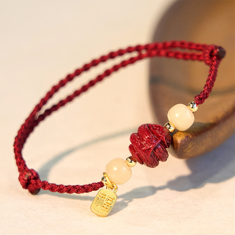 Stone of buddha Natural Cinnabar Chinese Zodiac Hetian Jade Fu Character Luck Rope Bracelet