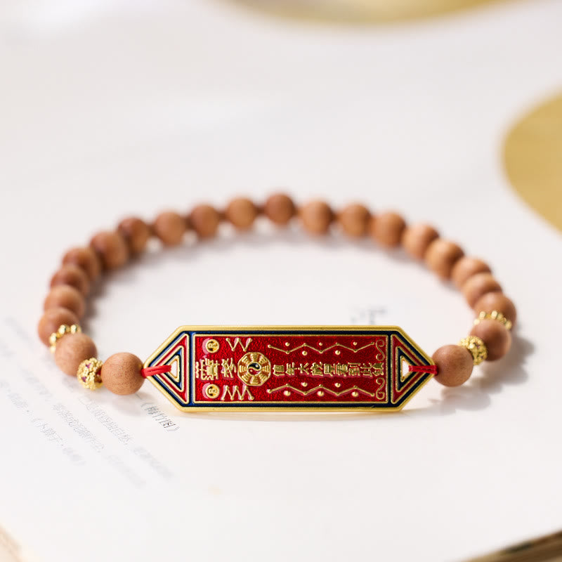 Stone of buddha Sandalwood Wood Bead Gold Plated Copper Bagua Yin Yang Chinese Character Harmony Bracelet