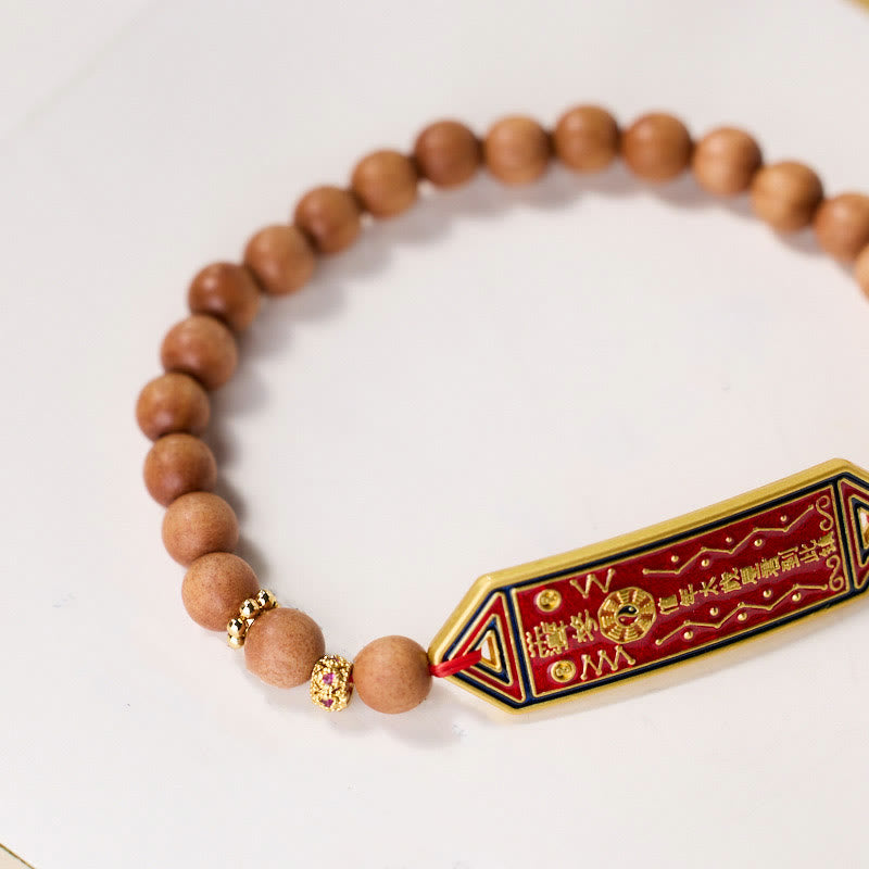 Stone of buddha Sandalwood Wood Bead Gold Plated Copper Bagua Yin Yang Chinese Character Harmony Bracelet