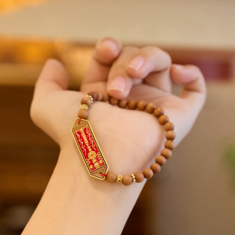 Stone of buddha Sandalwood Wood Bead Gold Plated Copper Bagua Yin Yang Chinese Character Harmony Bracelet