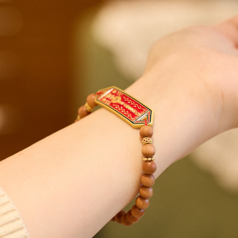 Stone of buddha Sandalwood Wood Bead Gold Plated Copper Bagua Yin Yang Chinese Character Harmony Bracelet