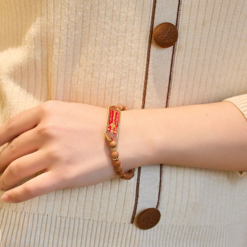 Stone of buddha Sandalwood Wood Bead Gold Plated Copper Bagua Yin Yang Chinese Character Harmony Bracelet