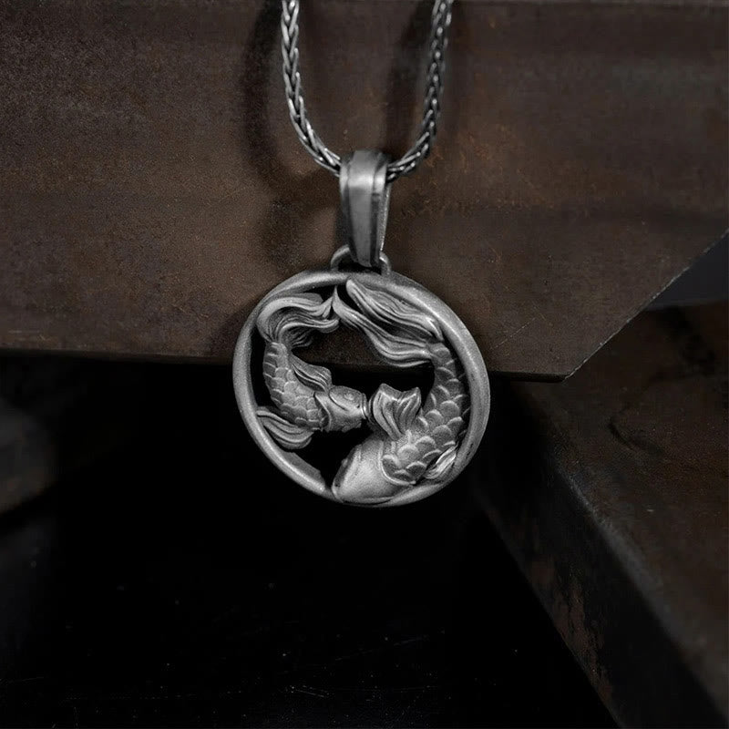 Stone of buddha Pure Tin Pisces Double Koi Fish Wealth Necklace Pendant