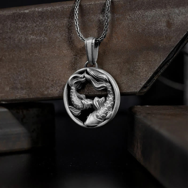 Stone of buddha Pure Tin Pisces Double Koi Fish Wealth Necklace Pendant