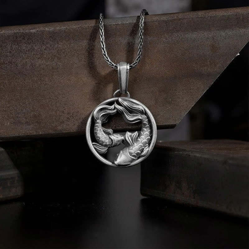 Stone of buddha Pure Tin Pisces Double Koi Fish Wealth Necklace Pendant