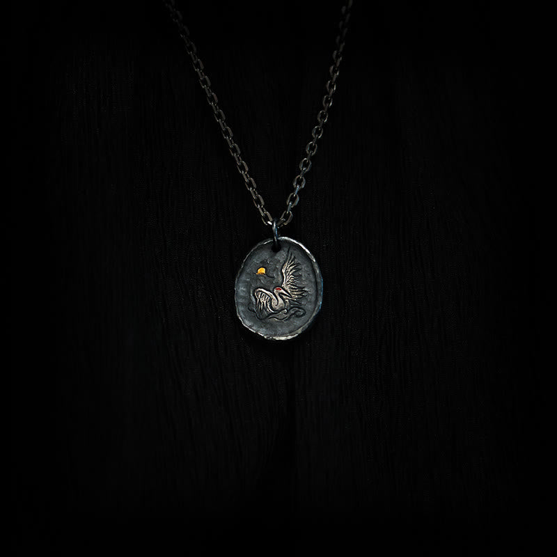 Stone of buddha 999 Sterling Silver 24k Gold Crane Auspicious Clouds Balance Necklace Pendant
