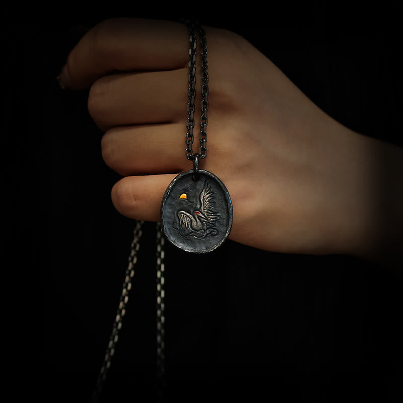 Stone of buddha 999 Sterling Silver 24k Gold Crane Auspicious Clouds Balance Necklace Pendant