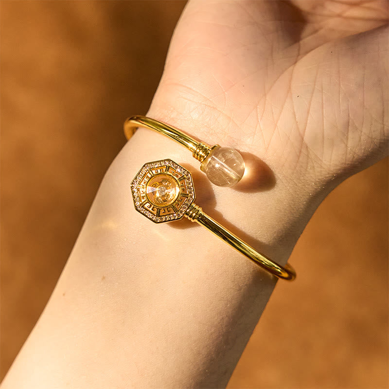 Stone of buddha Rutilated Quartz Copper Brass Rotatable Windmill Feng Sheng Shui Qi Courage Bracelet Bangle