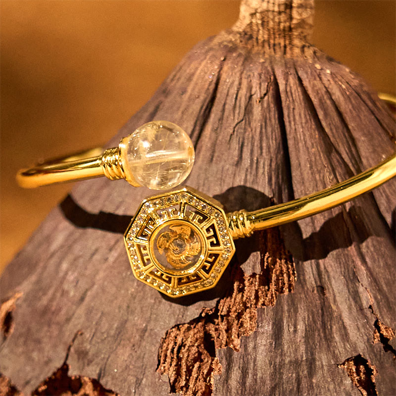 Stone of buddha Rutilated Quartz Copper Brass Rotatable Windmill Feng Sheng Shui Qi Courage Bracelet Bangle