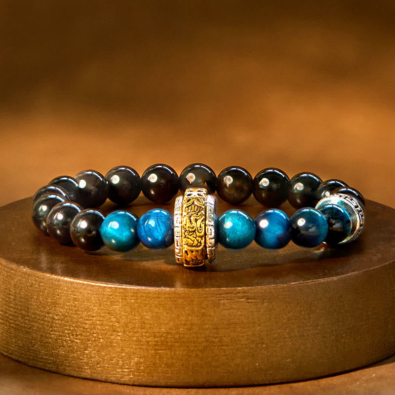 Stone of buddha Silver Sheen Obsidian Blue Tiger Eye Om Mani Padme Hum Protection Bracelet