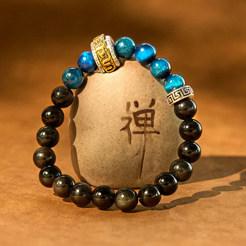 Stone of buddha Silver Sheen Obsidian Blue Tiger Eye Om Mani Padme Hum Protection Bracelet