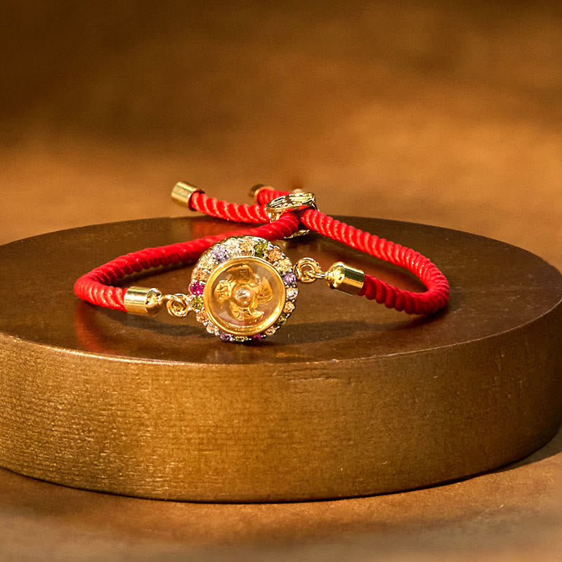 Stone of buddha Copper Brass Color Rotatable Windmill Feng Sheng Shui Qi Fu Red String Faith Braided Bracelet