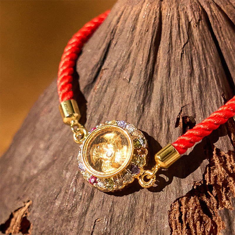 Stone of buddha Copper Brass Color Rotatable Windmill Feng Sheng Shui Qi Fu Red String Faith Braided Bracelet