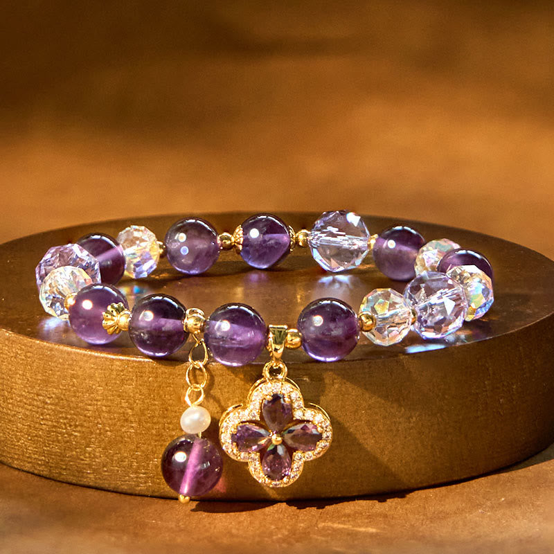 Stone of buddha Natural Amethyst Crystal Four Leaf Clover Spiritual Healing Bracelet