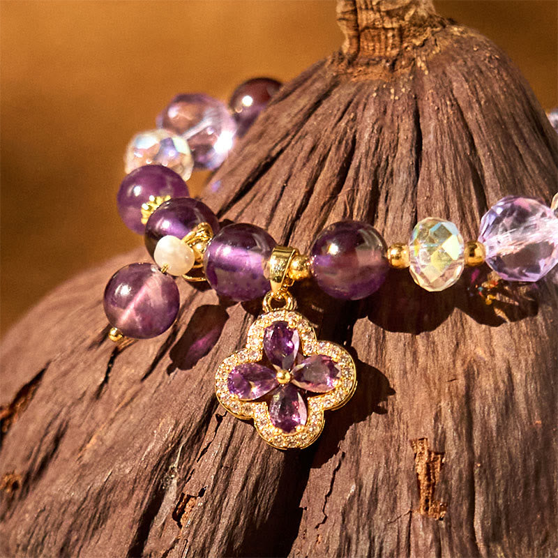 Stone of buddha Natural Amethyst Crystal Four Leaf Clover Spiritual Healing Bracelet