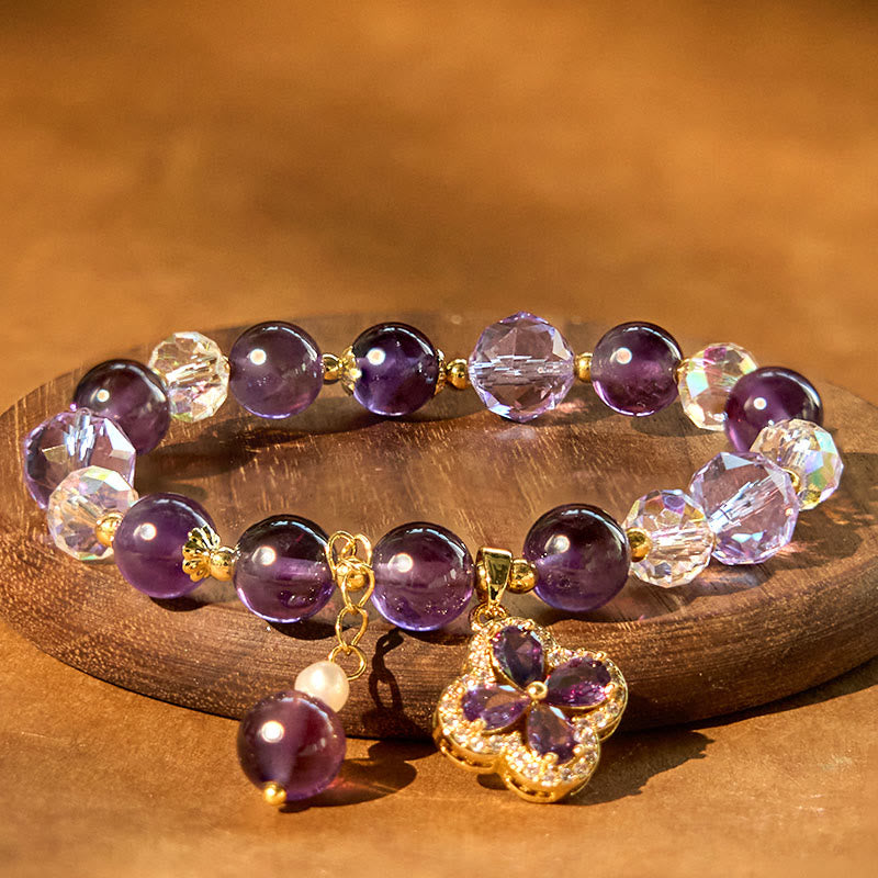 Stone of buddha Natural Amethyst Crystal Four Leaf Clover Spiritual Healing Bracelet