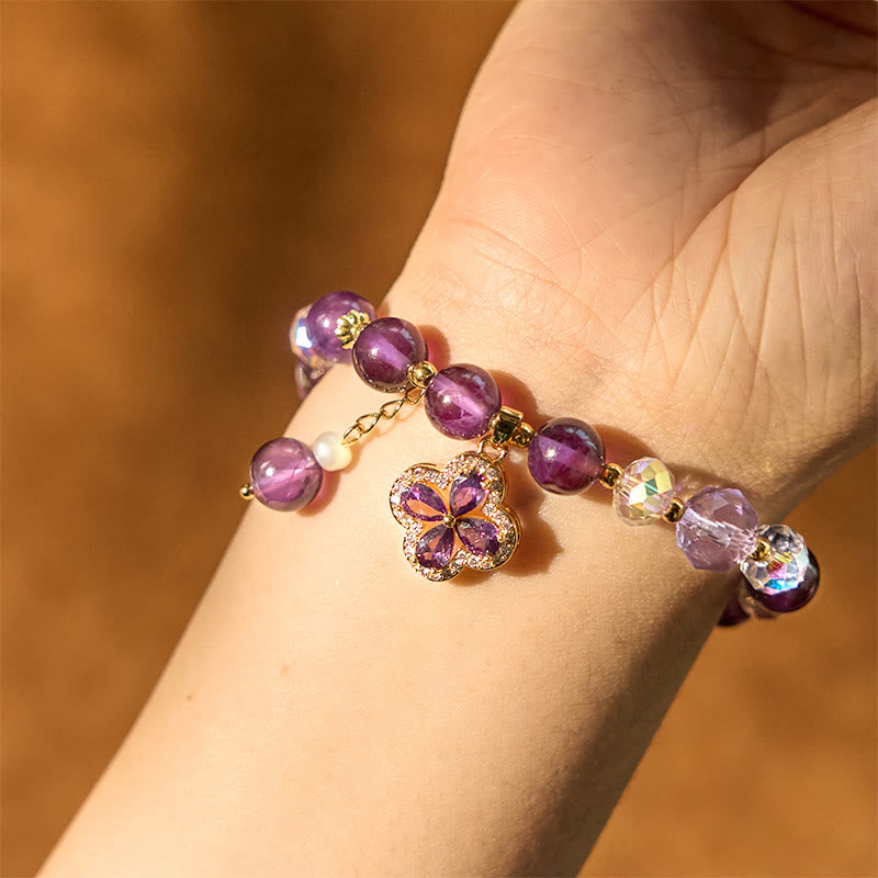 Stone of buddha Natural Amethyst Crystal Four Leaf Clover Spiritual Healing Bracelet