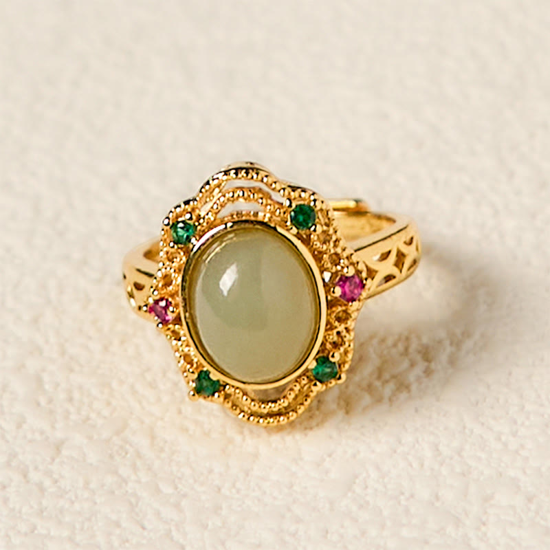 Stone of buddha Natural Hetian Jade Egg Hollow Pattern Copper Open Luck Ring