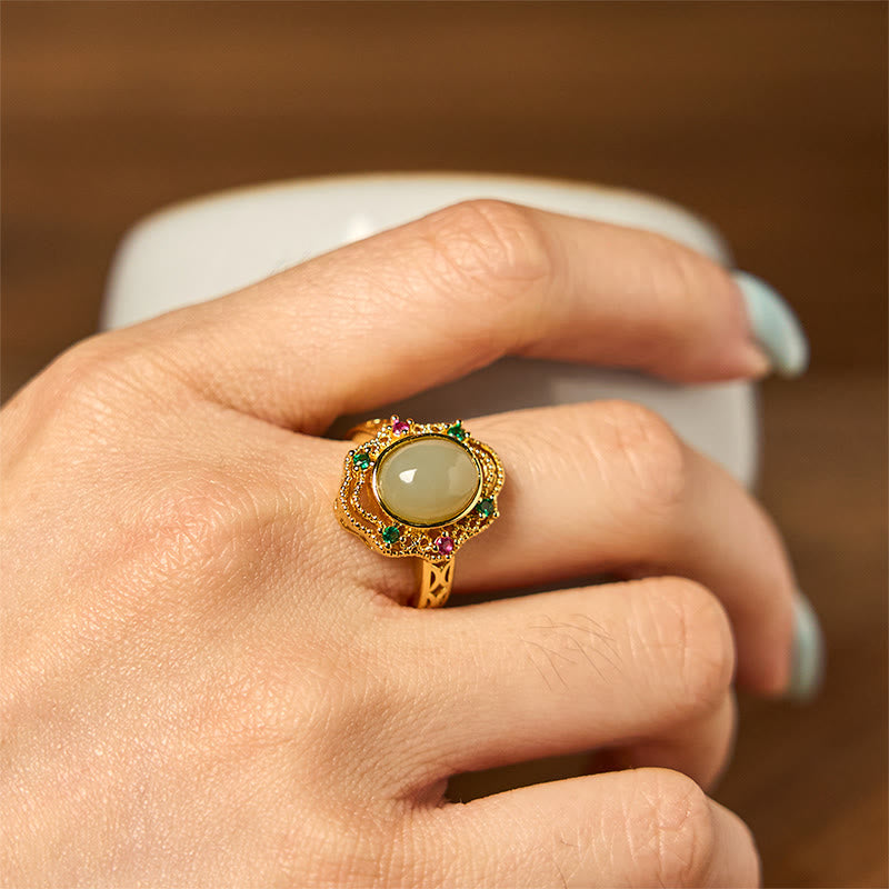 Stone of buddha Natural Hetian Jade Egg Hollow Pattern Copper Open Luck Ring