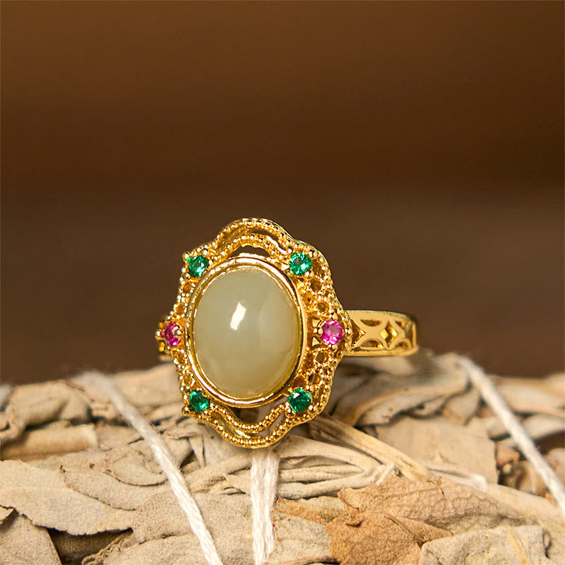 Stone of buddha Natural Hetian Jade Egg Hollow Pattern Copper Open Luck Ring
