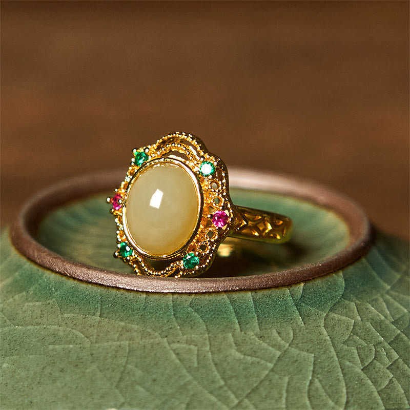 Stone of buddha Natural Hetian Jade Egg Hollow Pattern Copper Open Luck Ring