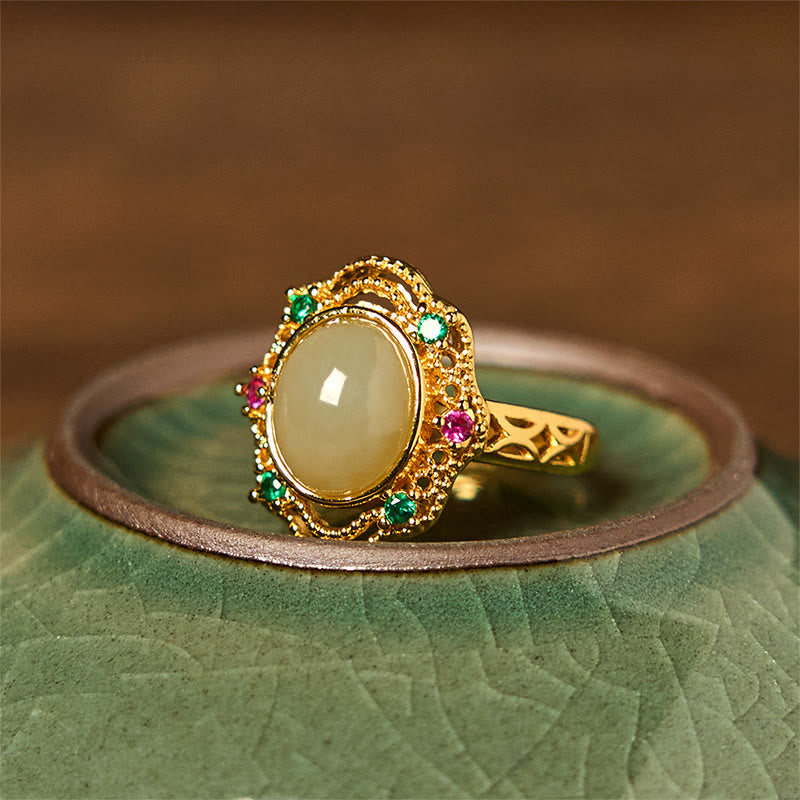 Stone of buddha Natural Hetian Jade Egg Hollow Pattern Copper Open Luck Ring