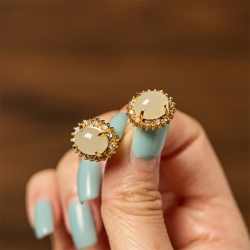 Stone of buddha Natural Hetian Jade Egg Copper Prosperity Earrings